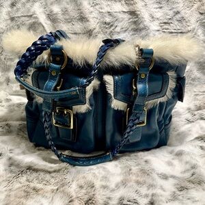 Coach Teal Leather Shoulder Bag with Cream Fur Trim